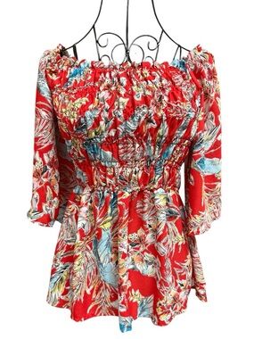 Chenault Red Floral Off-Shoulder Smocked Peasant Top